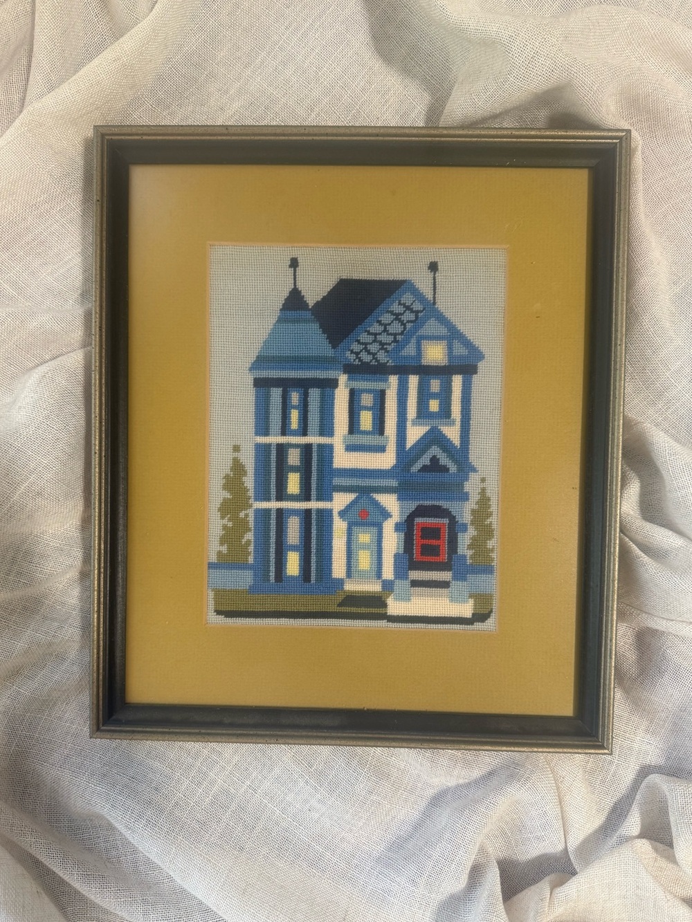 Blue Victorian House Cross Stitch Wall Art